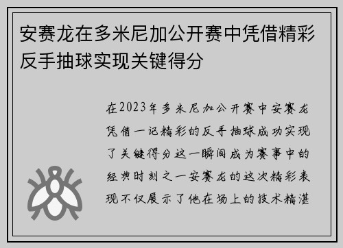 安赛龙在多米尼加公开赛中凭借精彩反手抽球实现关键得分 安赛龙在多米尼加公开赛中凭借精彩反手抽球实现关键得分